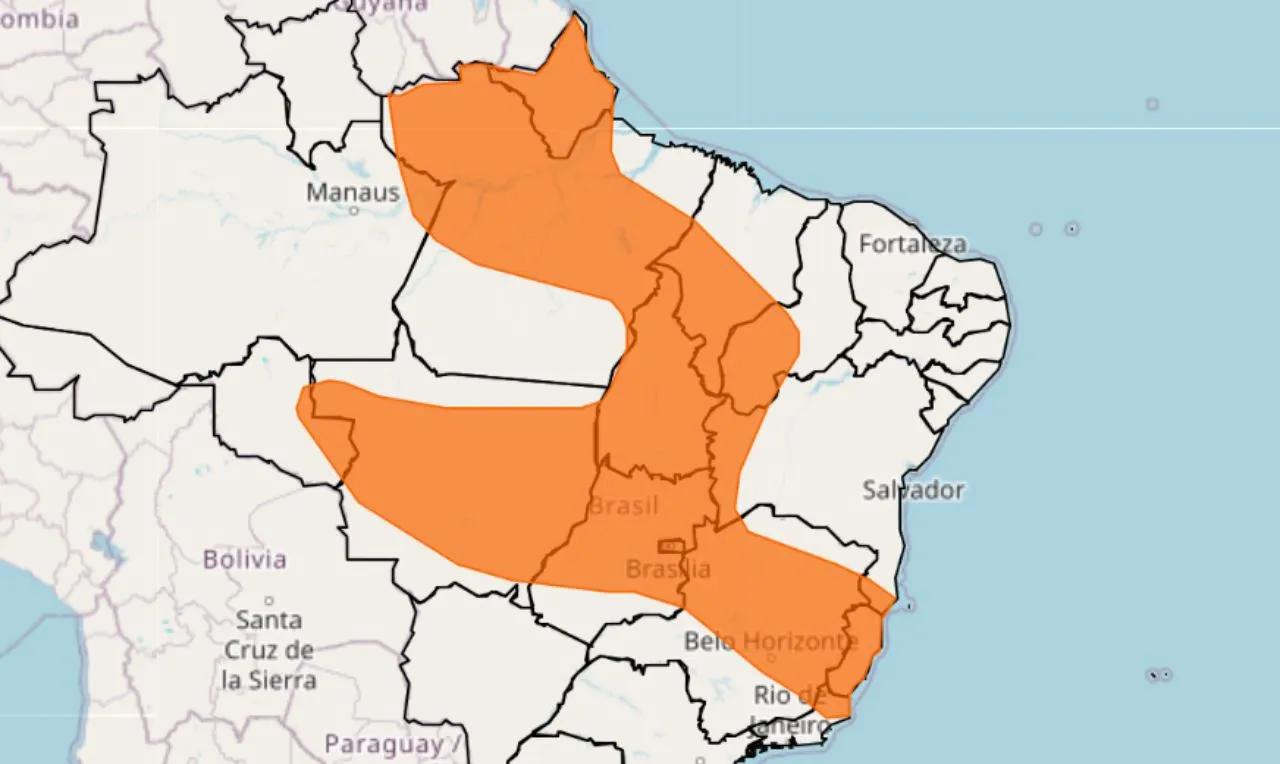 o mapa mostra as &aacute;reas em alerta laranja para chuva intensa